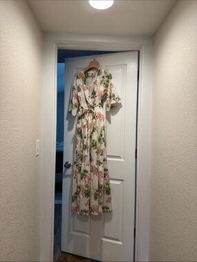 White Floral Maxi Wrap Dress with Pink & Green Print